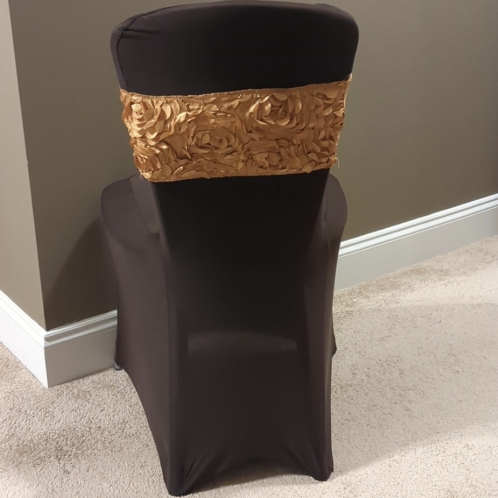 Polyester Stretch Spandex Banquet Chair Covers Chocolate Brown with Golden Sash